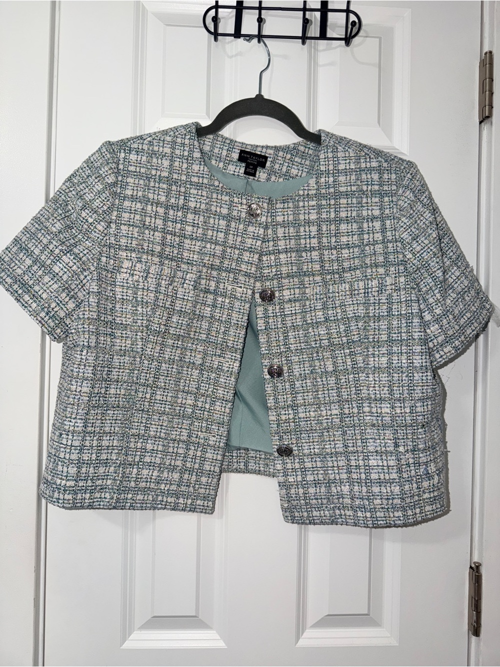 Ann Taylor Short-Sleeve Tweed Boxy Jacket in Light Blue and White